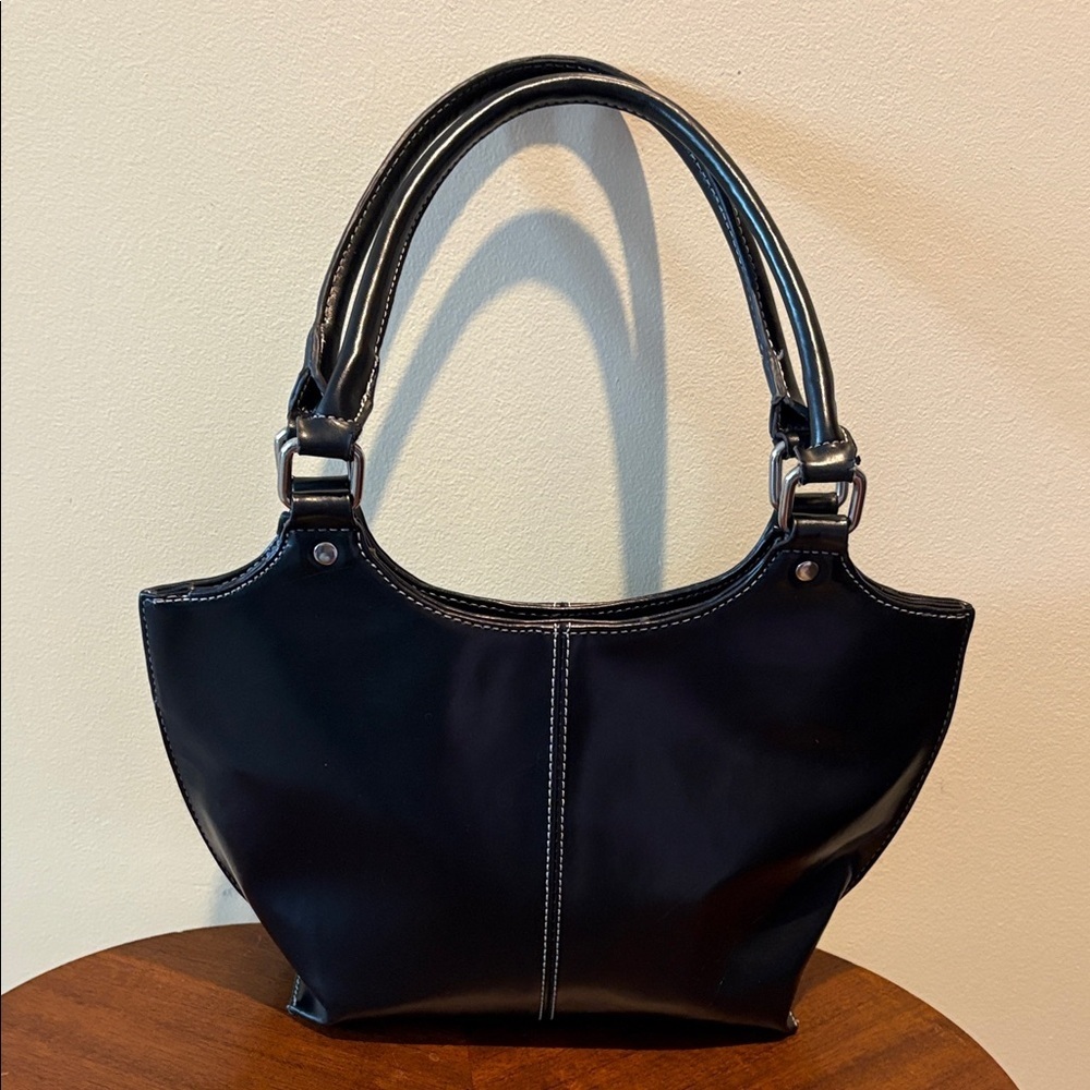 Wilsons Leather  black leather satchel/ white stitching  Vintage unique shape EC